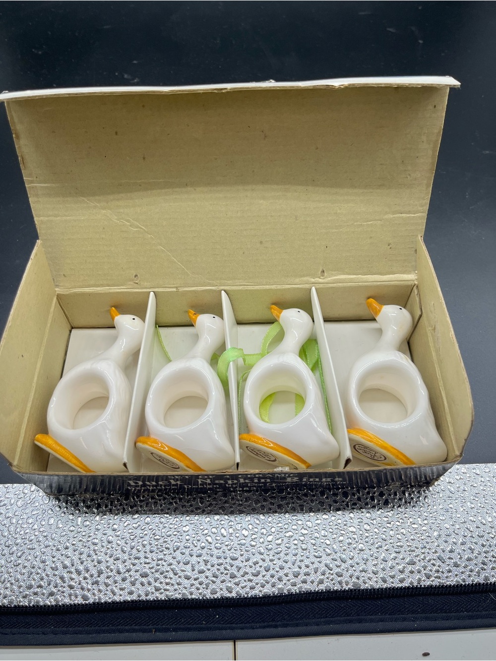 White Ceramic Duck Napkin Holders Set of 4 (use any colour ribbon)